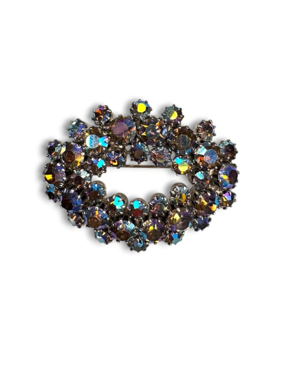 Blue AB Crystal Oval Wreath Brooch Prong Set Silver Tone Pin Stop 1950s Vintage